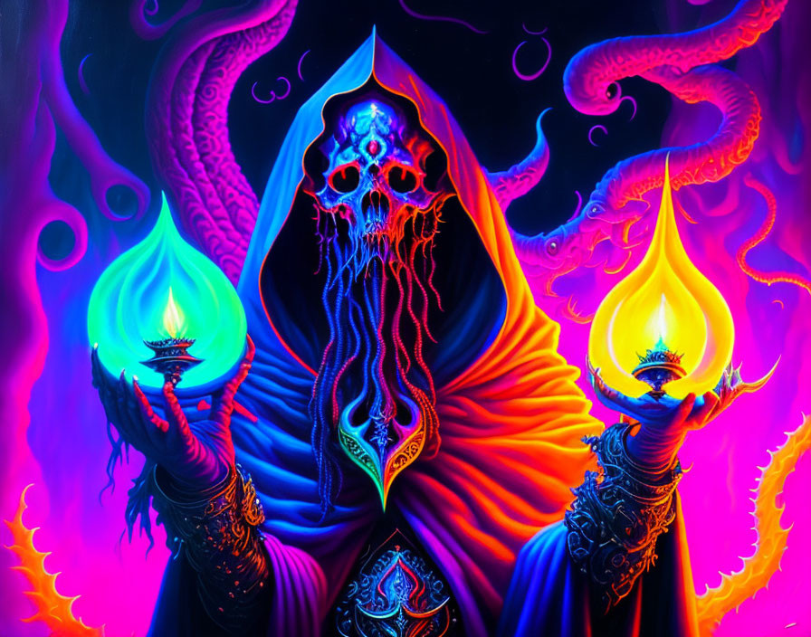 Colorful Artwork: Cloaked Figure with Skull Face and Torches on Neon Background