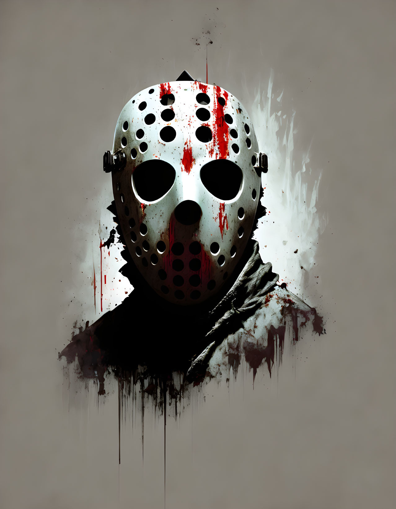 Bloody hockey mask on smoky grey background