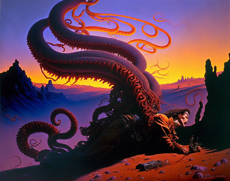 Surreal illustration of person in spacesuit meeting giant octopus on alien landscape