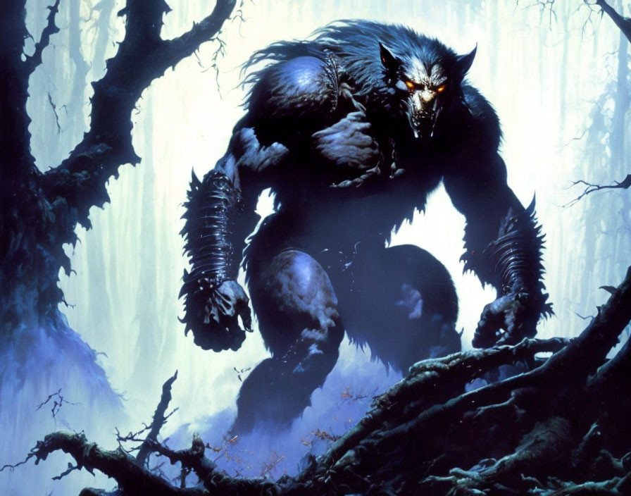 Menacing werewolf with glowing red eyes in misty forest