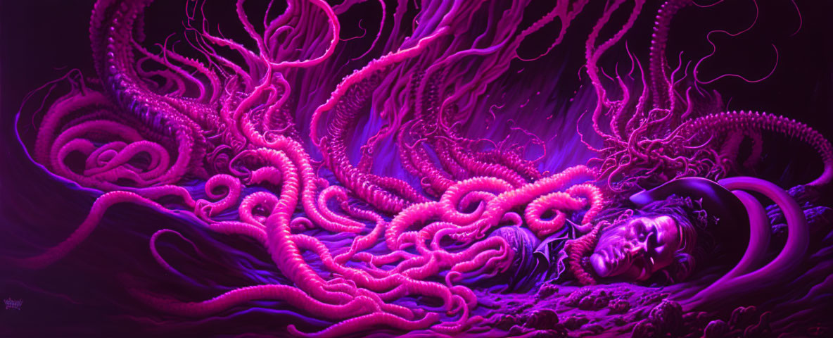 Surreal artwork: Person surrounded by vibrant pink tentacles on dark purple backdrop