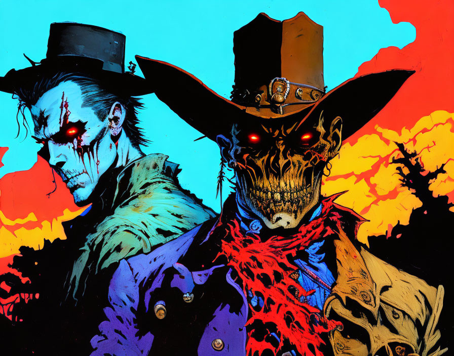 Menacing cowboy figures with red eyes on vibrant background