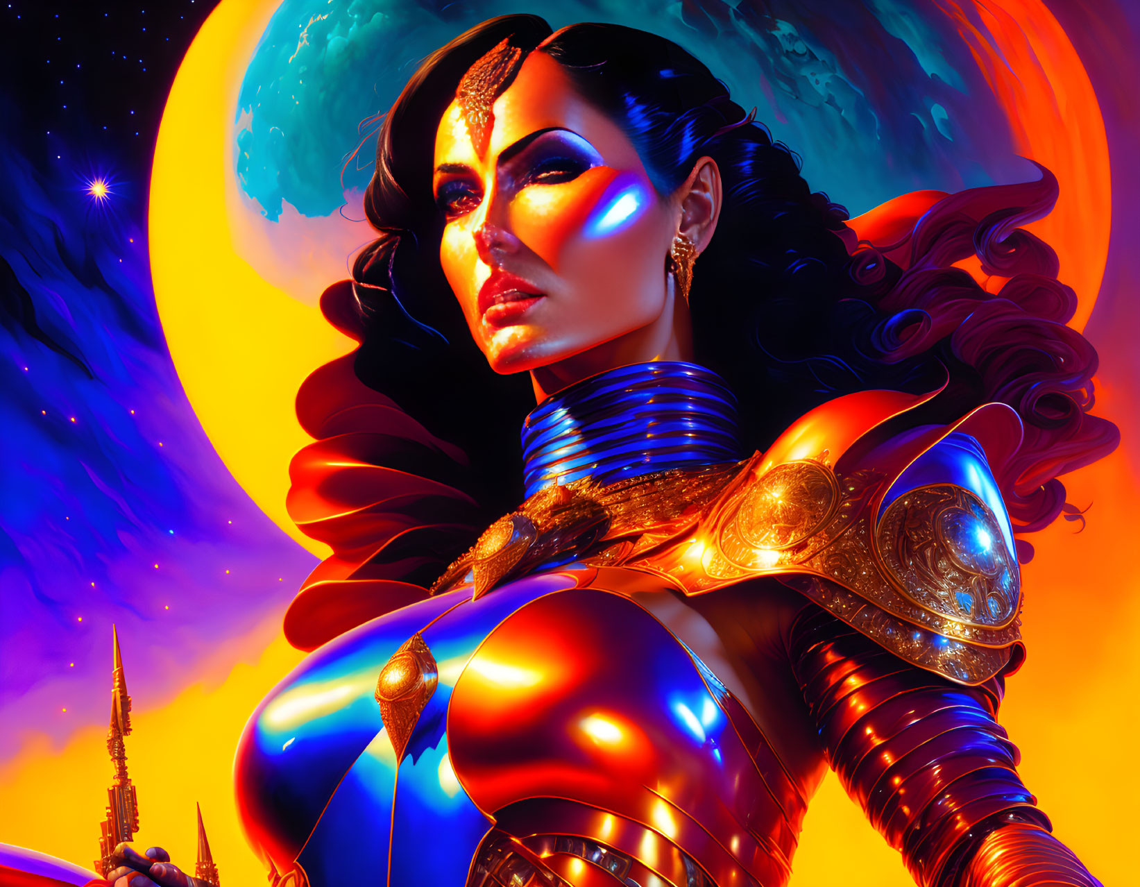 Futuristic female warrior in elaborate armor under vibrant alien sky