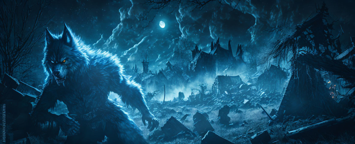 Menacing werewolf in moonlit destroyed village with eerie clouds.