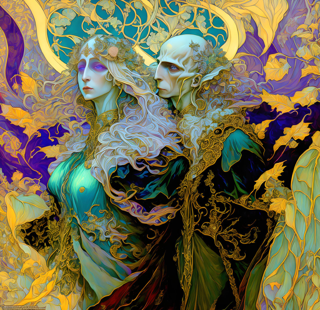 Ethereal male and female couple with ornate crowns in vibrant blue and gold embrace