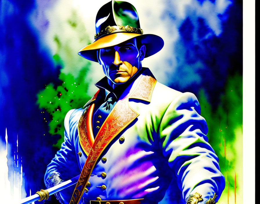 Stylized illustration of man in blue coat with sword