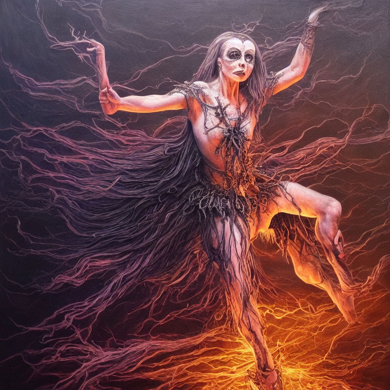 Skeletal figure dancing in fiery setting with dark attire