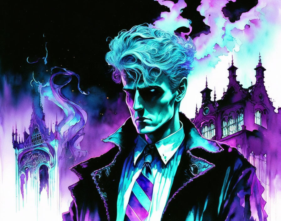 Pensive man with blue hair in trench coat against gothic castle backdrop