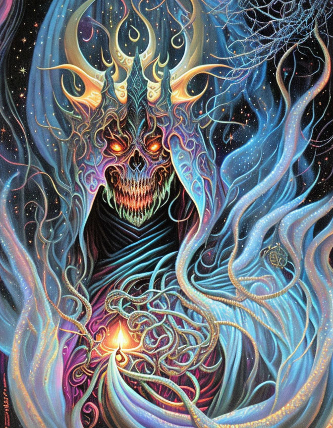 Skeletal figure with skull-like face in cosmic fantasy artwork