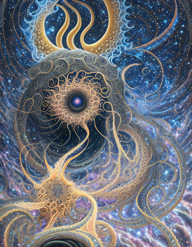 Mystical cosmic octopus intertwined with starry night sky