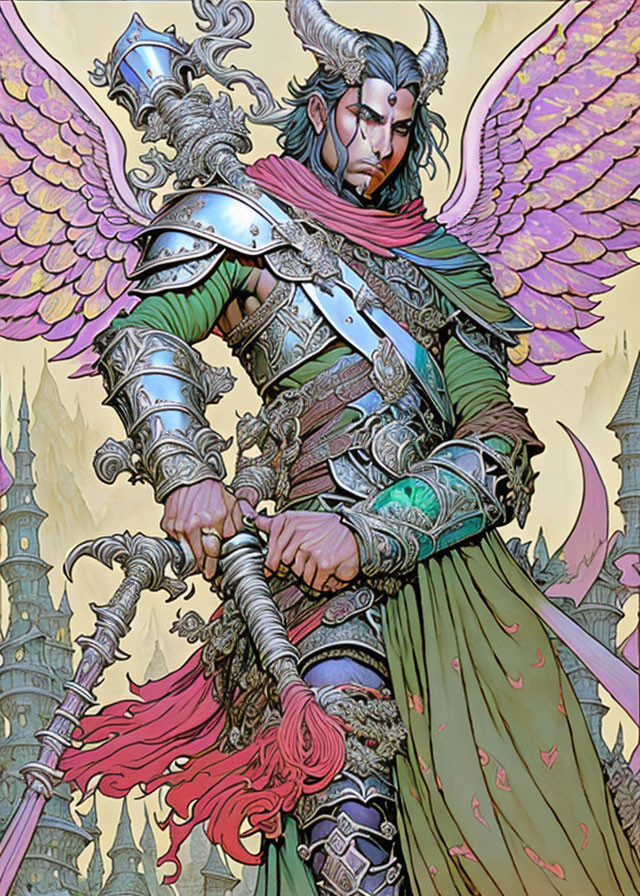 Illustration of angelic warrior in ornate armor with spear before castle