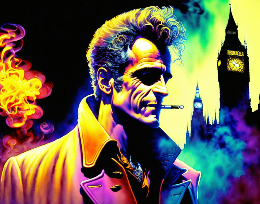 Colorful illustration of a man with cigarette and devilish grin, with Big Ben in smoky background