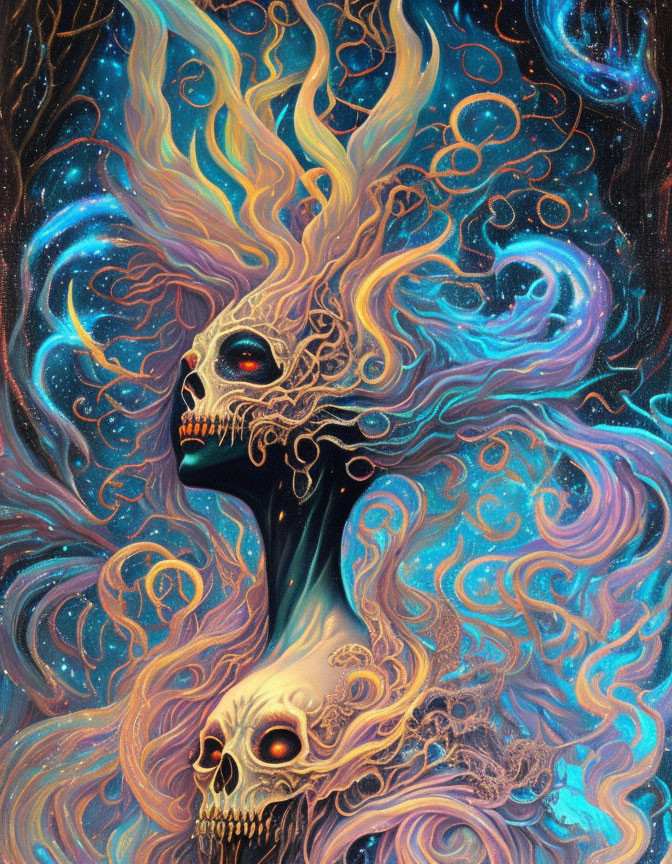 Colorful Skull Artwork with Glowing Eyes and Cosmic Patterns