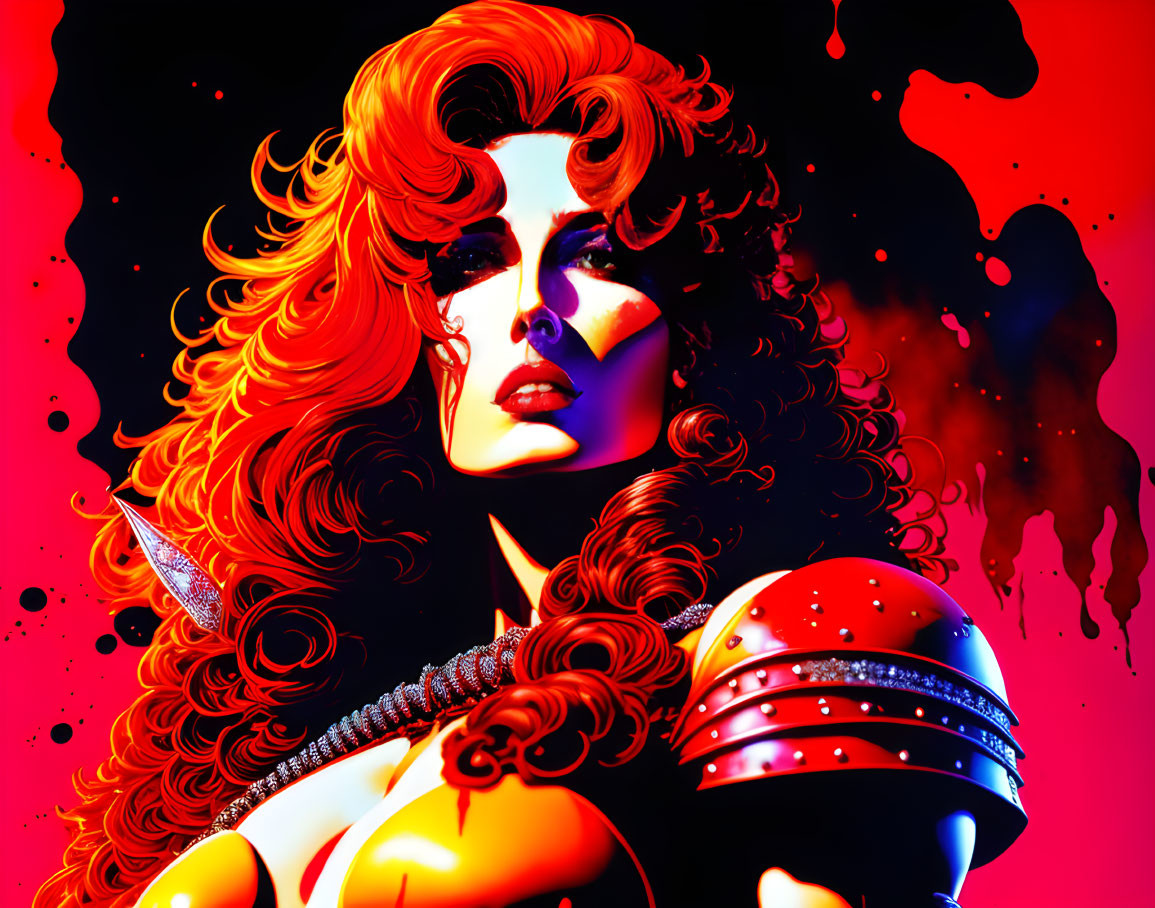 Digital artwork: Female warrior with red hair holding a helmet