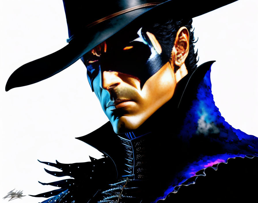 Stylized illustration of masked vigilante in wide-brimmed hat.