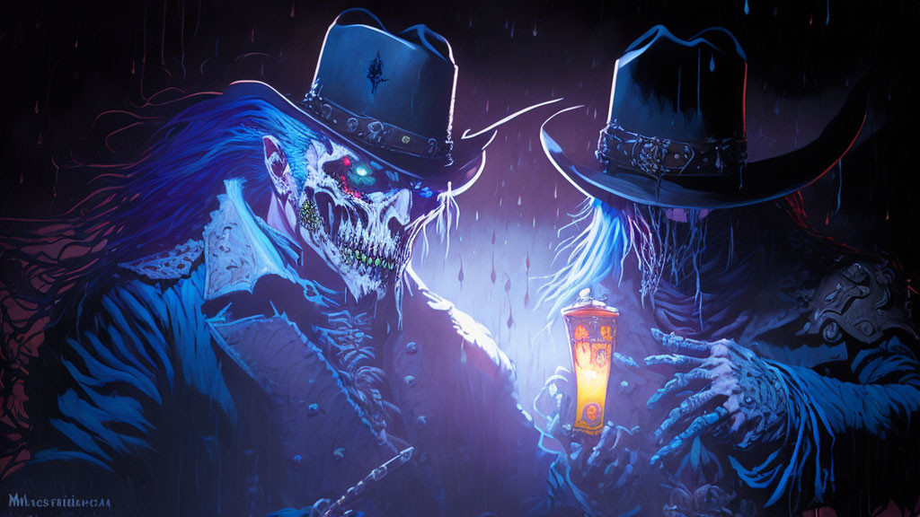 Skeletal cowboy figures with lantern in night rain