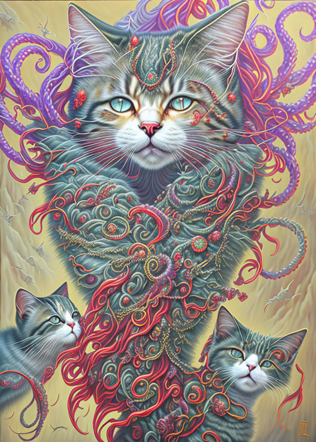 Colorful Artwork: Central Cat Surrounded by Intricate Patterns and Jewels