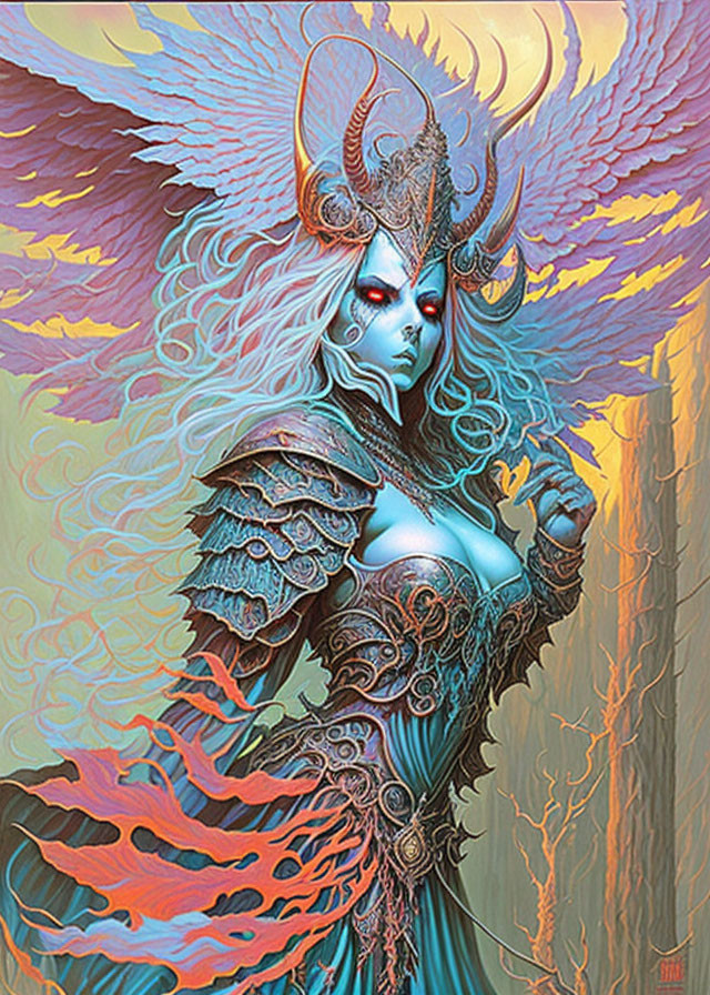 Majestic female figure in ornate armor with fiery wings on colorful background