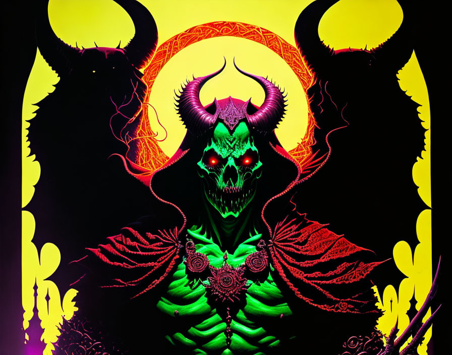 Skull graphic with red eyes and horns, surrounded by beast silhouettes on vibrant backdrop