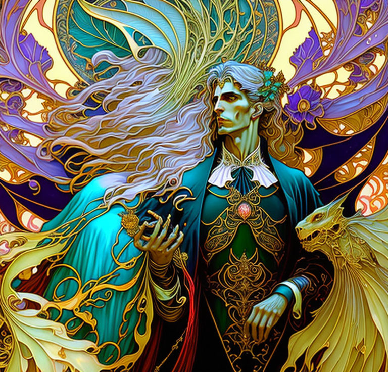 Detailed illustration of ethereal figure with flowing hair and dragon against vibrant backdrop