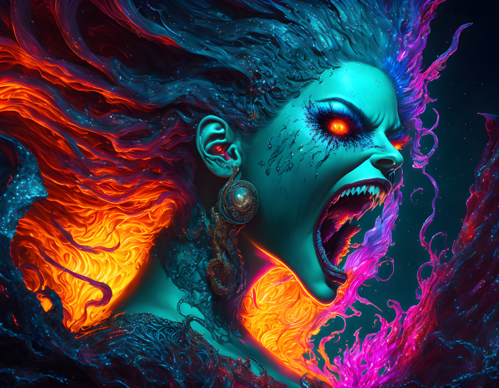 Enraged female figure with fiery hair in vibrant digital artwork