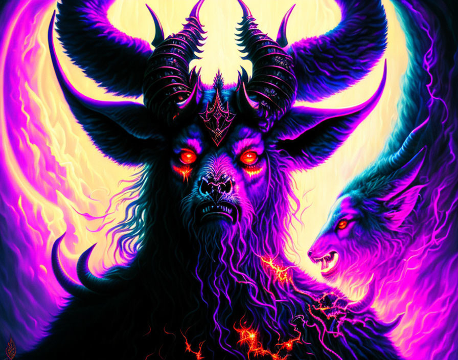 Colorful Demon and Wolf Artwork in Purple and Orange