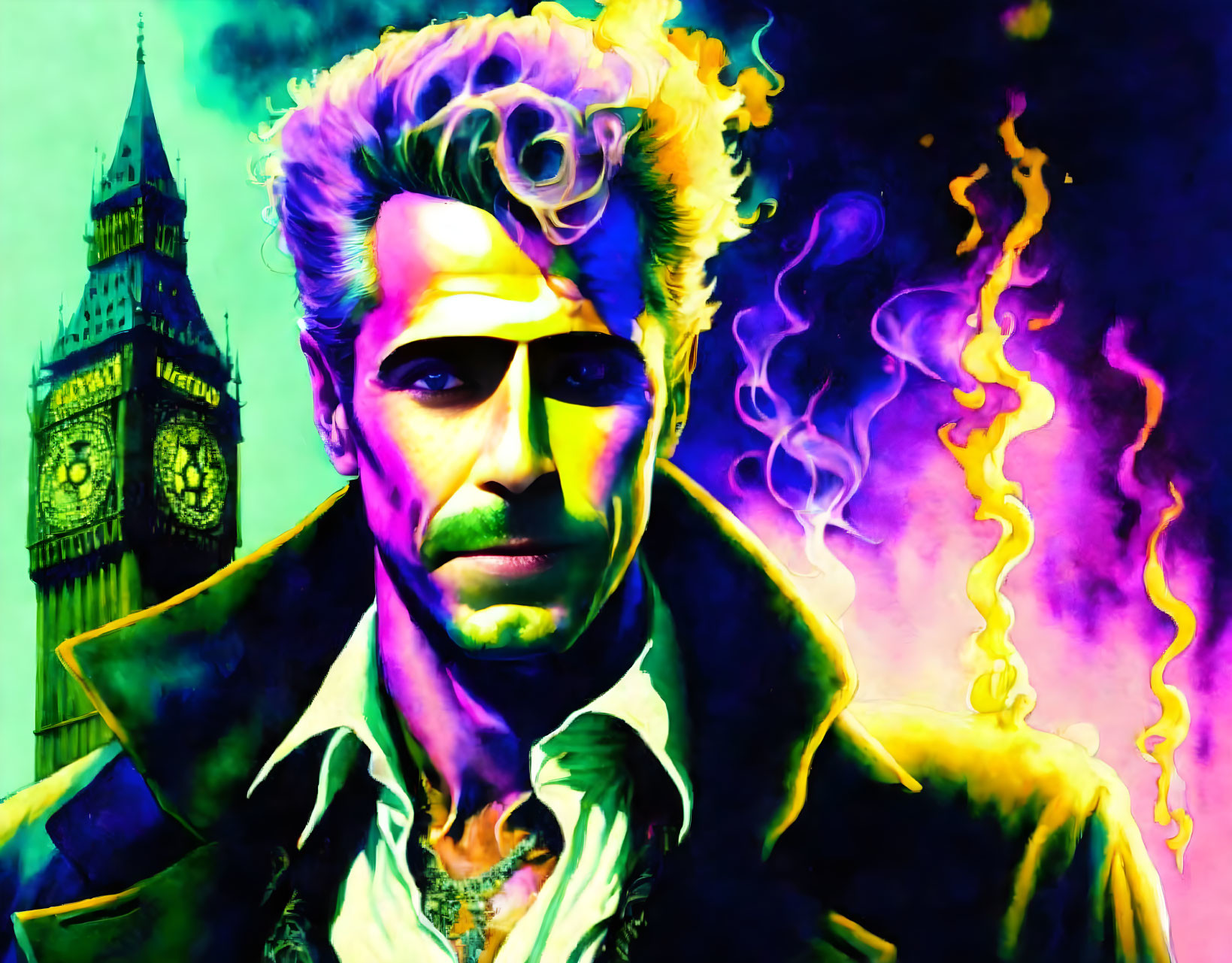 Man in Purple and Yellow Smoky Illustration with Big Ben Background