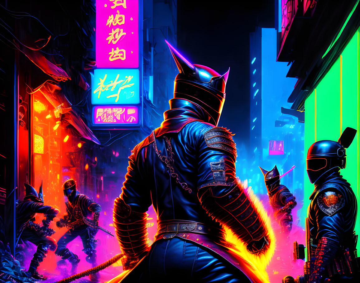 Armored individuals in neon-lit cyberpunk alleyway