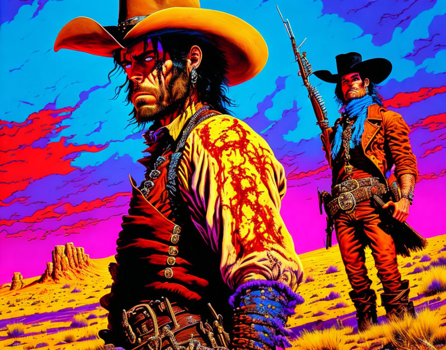 Two cowboy characters with weapons in a desert setting under a red and blue sky