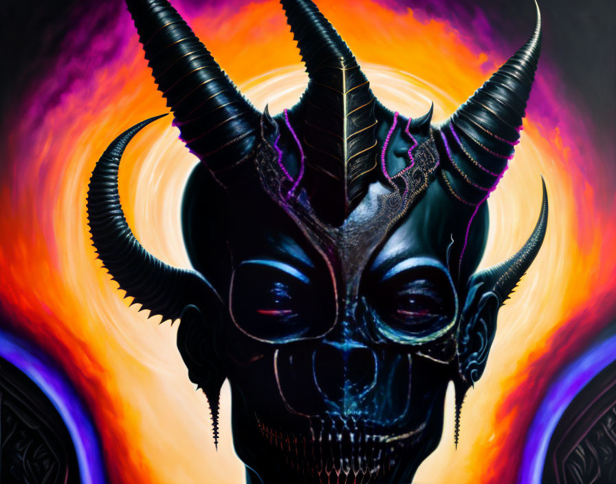 Skull with Long Twisting Horns on Vibrant Orange and Purple Background