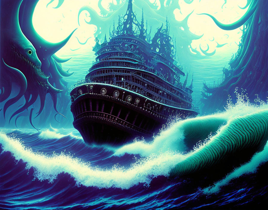 Ornate multi-tiered ship on turbulent waves with sea monster under greenish moonlit sky