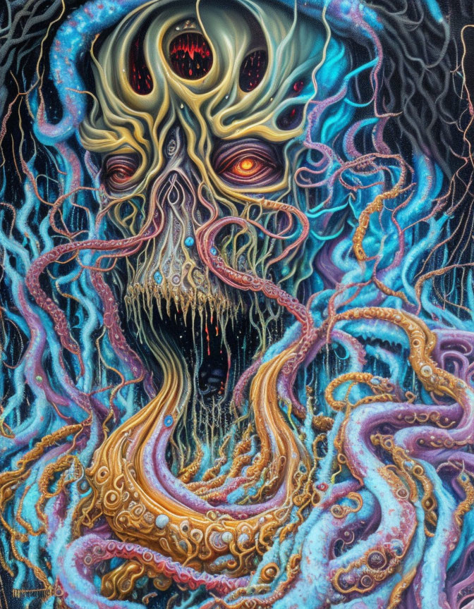 Surrealist painting with multiple eyes and tentacles in dark and luminous colors