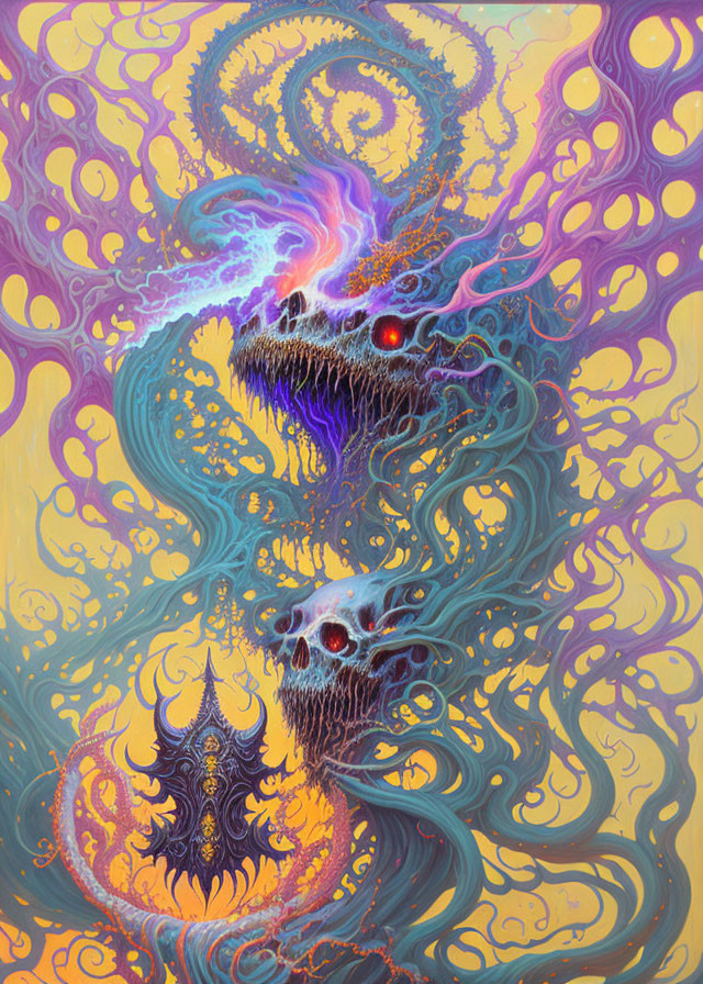 Colorful swirling patterns with skull-like figures in purple, orange, and yellow blend.