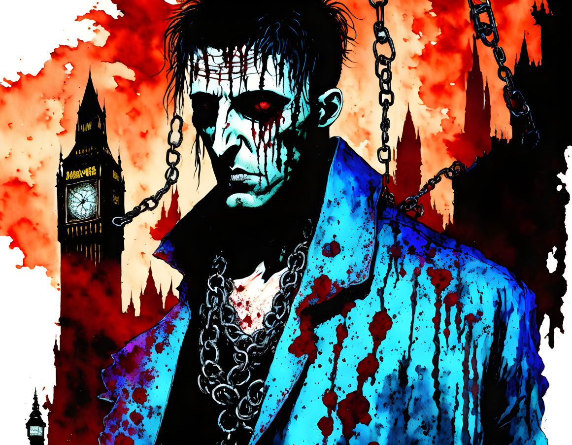 Gothic-style illustration of pale man with chains, dark eye makeup, bloodstains, and