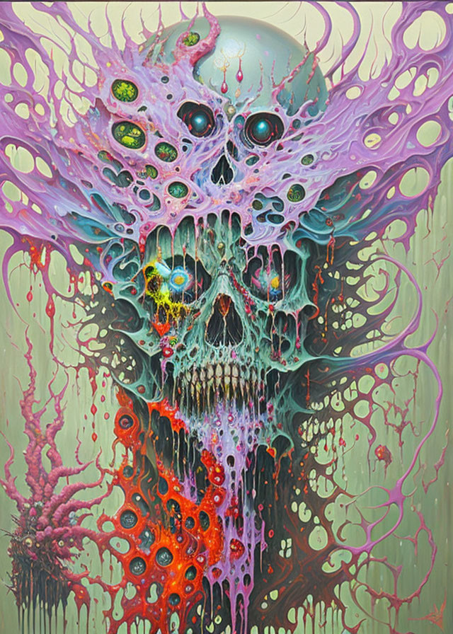 Colorful Skull Painting with Melting Features and Multiple Eyes in Psychedelic Hues