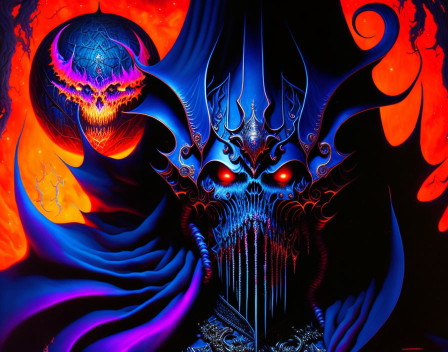 Vibrant artwork of blue demonic figure with fiery skull in dark backdrop