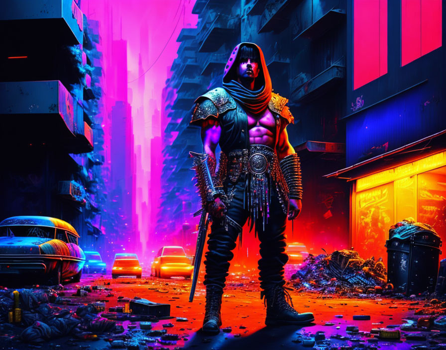 Futuristic warrior in neon-lit post-apocalyptic cityscape