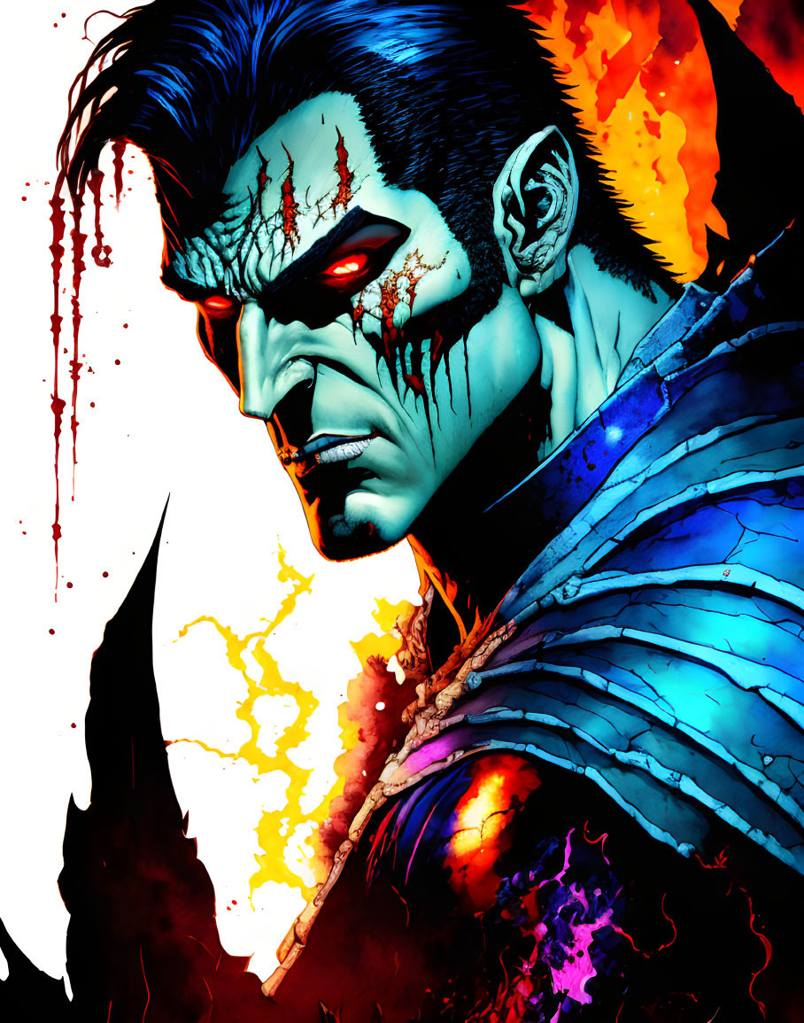 Male comic character with red eyes and blood splatters against fiery backdrop