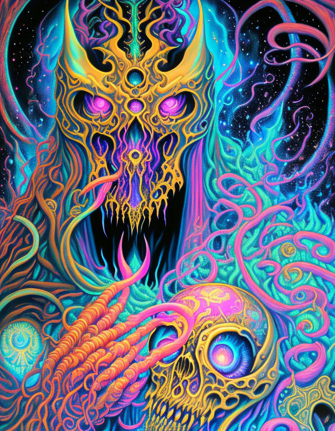 Psychedelic monster with multiple eyes, sharp teeth, and ornate patterns in cosmic setting.