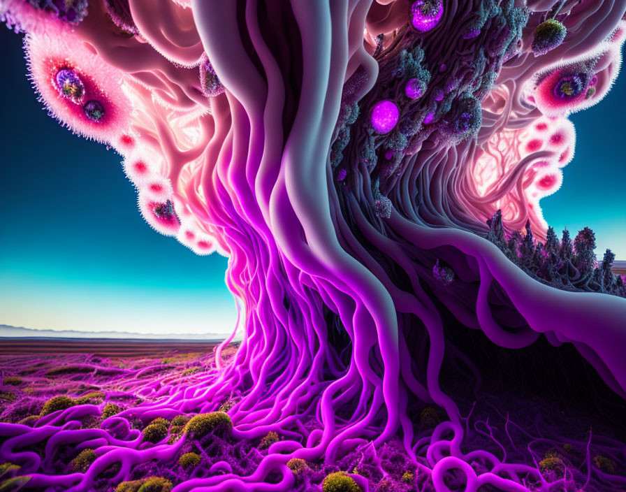 Surreal purple tree-like structure with eye-like patterns on twilight sky