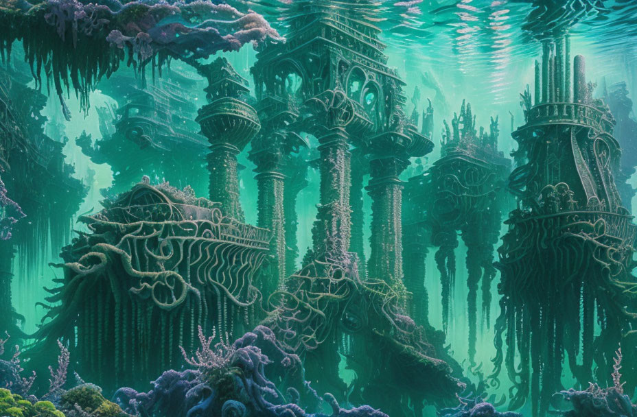 Underwater scene of ancient city with intricate architecture and marine flora.