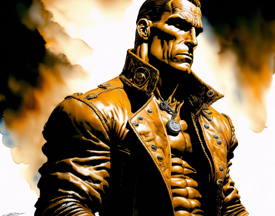 Detailed illustration of a muscular man in brown leather jacket on fiery yellow backdrop