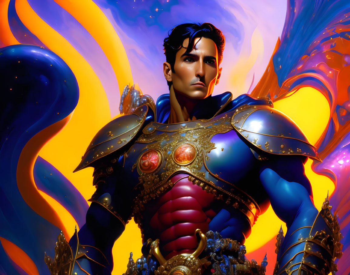 Heroic Figure in Ornate Blue Armor with Glowing Energy Background