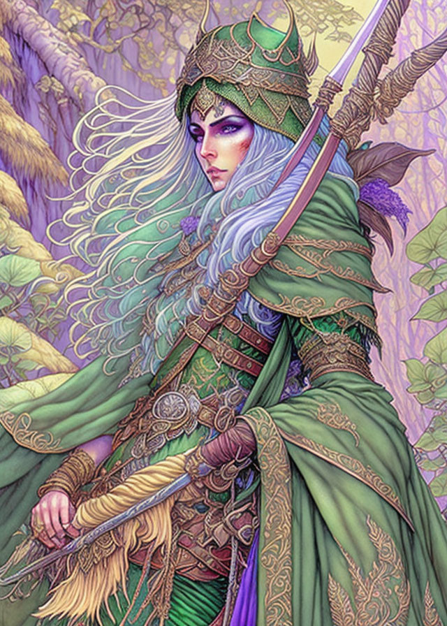 Elf warrior in green and gold armor with bow in purple forest