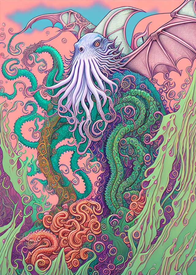 Colorful Psychedelic Octopus and Dragon Illustration