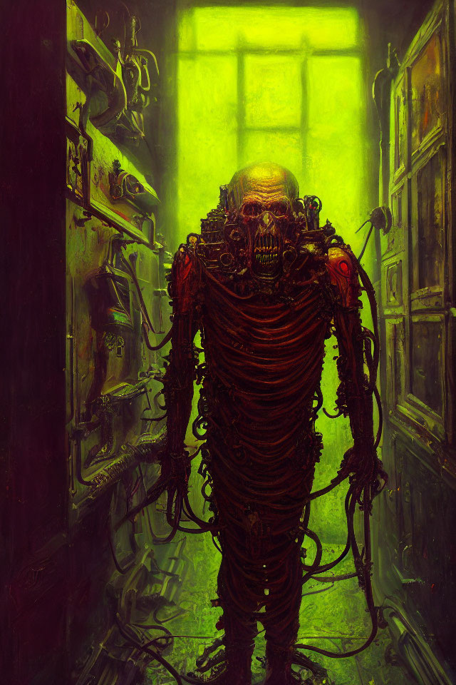 Menacing robotic figure in green-lit corridor with intricate machinery