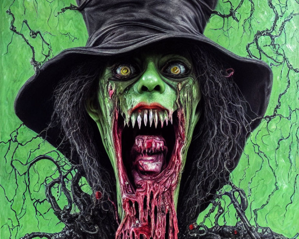 Green-skinned figure with sharp teeth and red eyes in witch's hat on cracked background