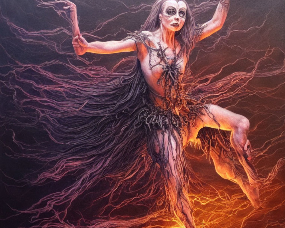 Skeletal figure dancing in fiery setting with dark attire