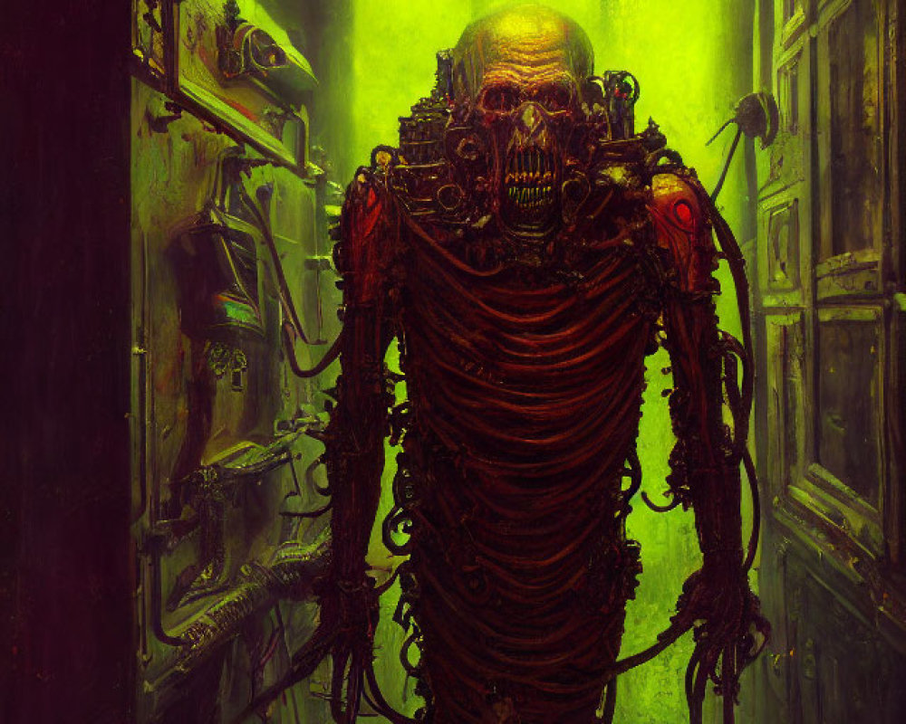 Menacing robotic figure in green-lit corridor with intricate machinery