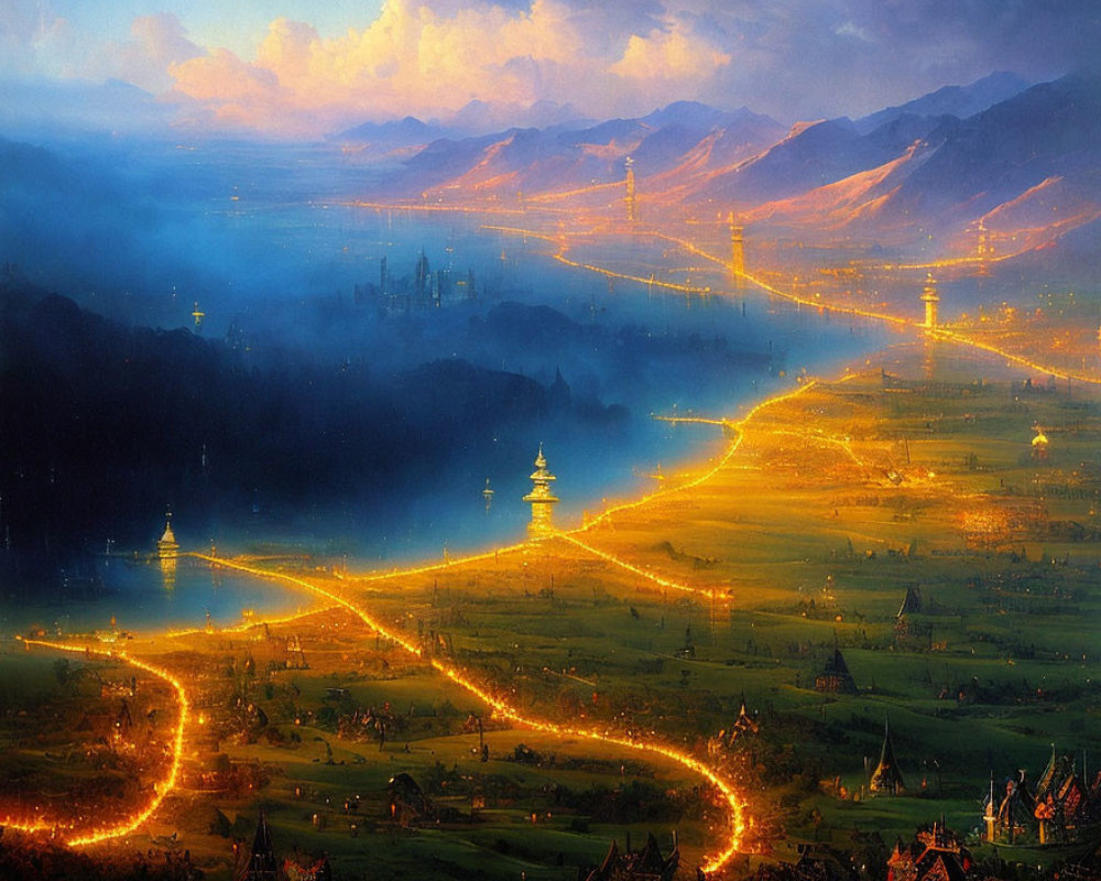 Majestic fantasy landscape with glowing golden path, green fields, mountains, and city under dusky